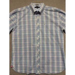 Tommy Hilfiger Mens Blue Plaid Short Sleeve Button Down Shirt 80s 2-Ply Cotton